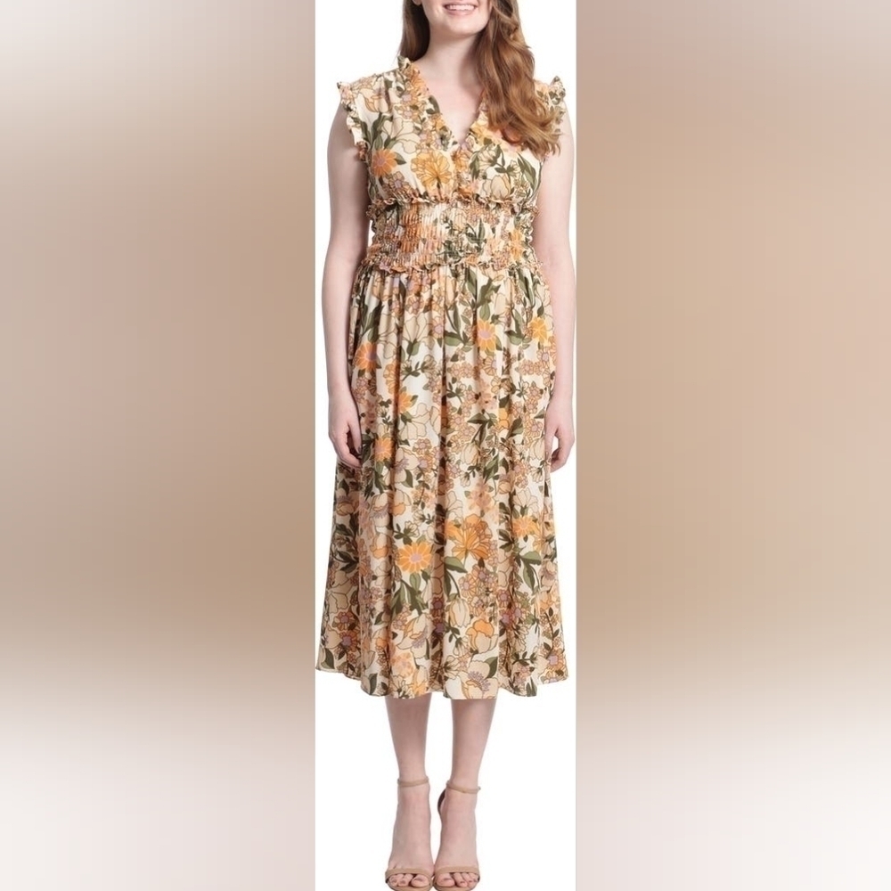 NWT London Times Smocked Ruffle Floral Midi Dress